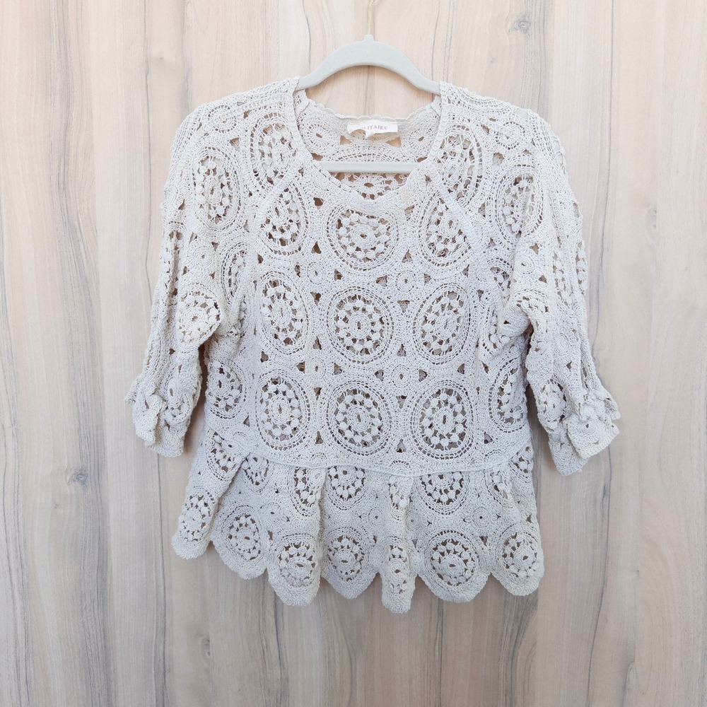 Solitaire Crochet Peplum Top Medium Beige Medallion Cottage Boho Coastal Hippie